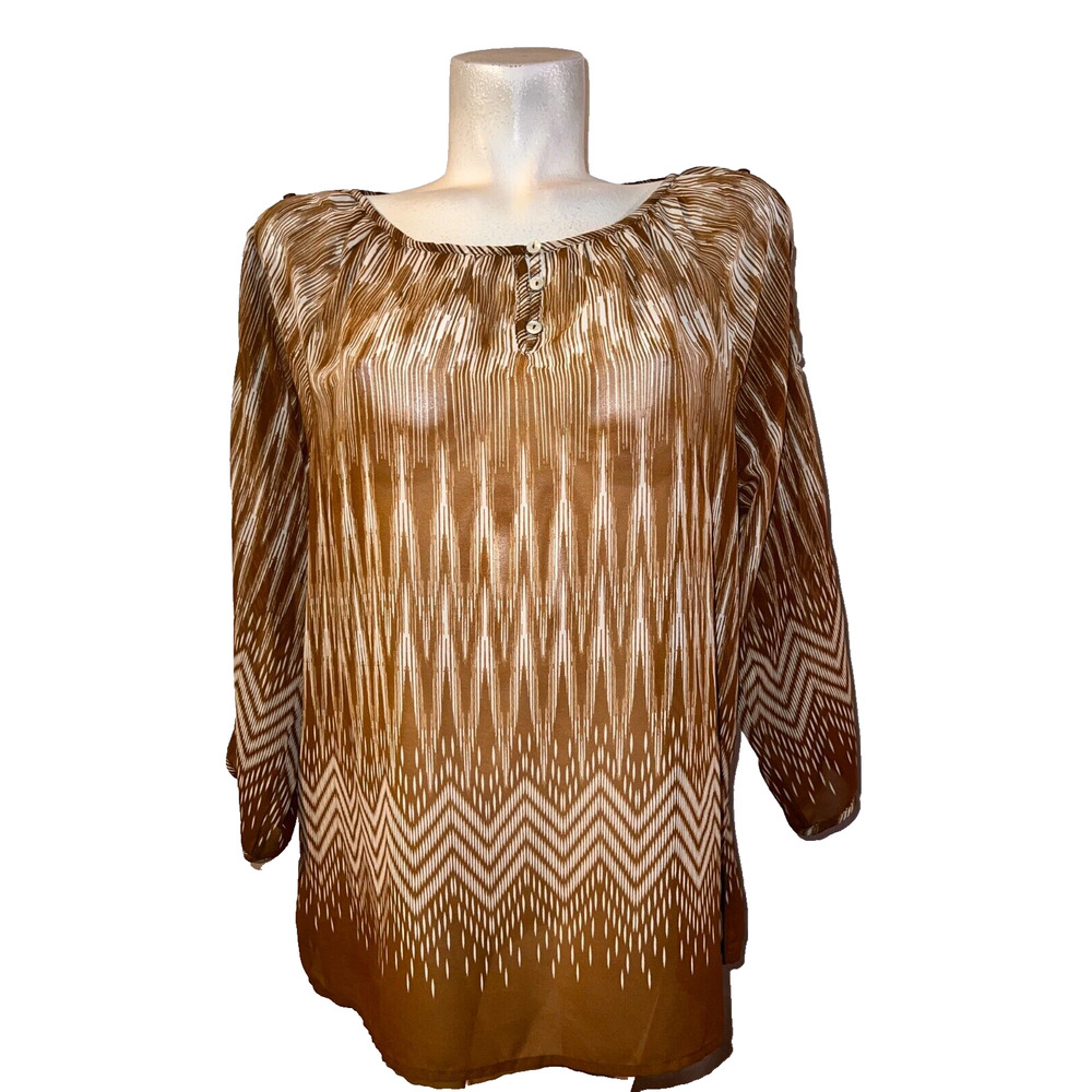 CHICO'S Top‎ Size L Large (2) Brown Sheer Slit/Button Sleeve Blouse Shirt